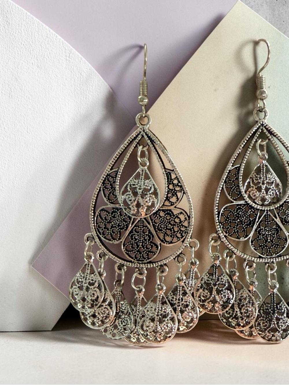 Silver Filigree Teardrop Chandelier Earrings
